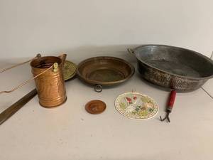 lot 60A image: Vintage Kitchen & Decor Lot Copper, Tin, Embroidery