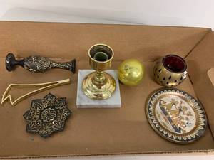 lot 79A image: Decorative Metalware Set Candle Holder, Vase, Plate, Ornaments