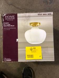 lot 27 image: Home Decorators Collection Pompton 12 in. 1-Light Gold Semi-Flush Mount Ceiling Light Fixture with White Ribbed Glass    Customer Returns See Pictures
