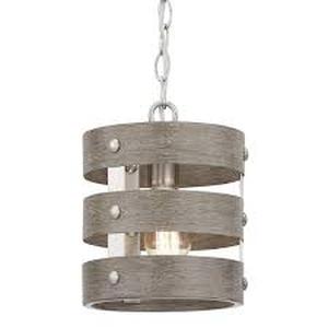lot 32 image: Progress Lighting Gulliver 1-Light Brushed Nickel Mini-Pendant with Weathered Gray Wood Accents  Customer Returns See Pictures