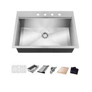 lot 4 image: Glacier Bay Zero Radius 30 in. Drop-In Single Bowl 18 Gauge Stainless Steel Kitchen Sink with Accessories Customer Returns See Pictures