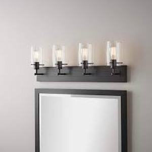 lot 7 image: Hampton Bay Regan 29.13 in. 4-Light Espresso Bronze Vanity Light with Clear Glass Shades  Customer Returns See Pictures