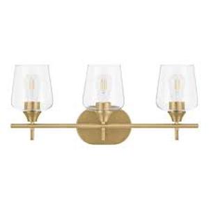 lot 32 image: Hampton Bay Pavlen 24 in. 3-Lights Antique Brass Vanity Light with Clear Glass Shades  Customer Returns See Pictures