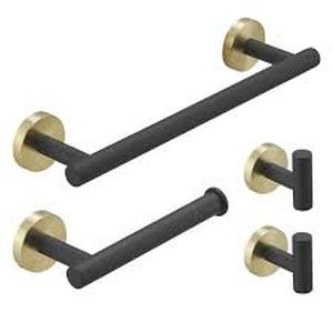 lot 20 image: BWE 4-Piece Bath Hardware Set with towel bar for bathroom wall Towel Hook Toilet Paper Holder and Towel Ring in Gold Black Customer Returns See Pictures