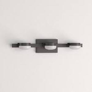 lot 31 image: Home Decorators Collection Montrose 23.75 in. 3-Light Contemporary Bronze Dimmable Bathroom Vanity Light with Etched Glass Shade   Customer Returns See Pictures
