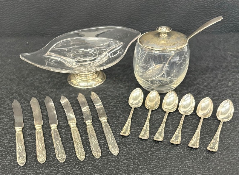 lot 109B image: Vintage Sterling Silver and Glass Divided Dish, Sterling Silver Lidded Etched Glass Sugar or Jam Jar with Stainless Spreaders & Spoons