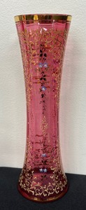 lot 48 image: Vintage Bohemian Hand Painted Cranberry Glass Vase