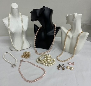 lot 93 image: Variety of Pretty Faux Pearl Necklaces and Clip On Earrings