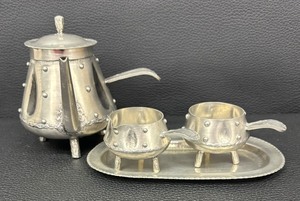 lot 104 image: Vintage Handcrafted Pewter S. Borg Brutalist Tea Service