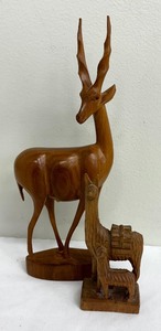 lot 53 image: Vintage Carved Wooden Antelope and Llama Figurines