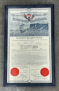 lot 66 image: Framed Antique Sons of Norway 1929 Insurance Certificate