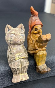 lot 200 image: Two Vintage Wooden Carved Cat and Gnome Figurines