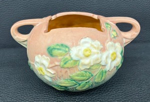 lot 204 image: Vintage Roseville Pottery White Rose Double Handled Vase