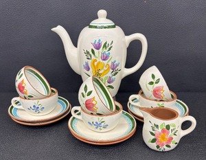 lot 53A image: Vintage Stangl Pottery Country Garden CoffeeTea Pot, Creamer Pitcher, Cups and Saucers