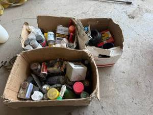lot 116 image: 3 Boxes of Assorted Items - 134a Refrigerant, Spray Paint, Plumbing Supplies