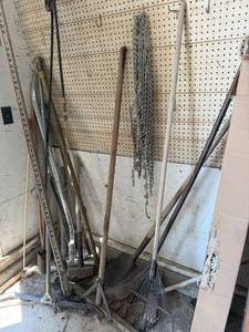 lot 117 image: Long Handle Tools in Corner - Sledge, Rake, Hoe, Spade, Propane Torch