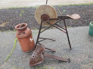 lot 47 image: Tractor Seat, Milk Can and Stone Sharpener