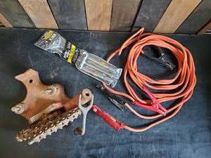 lot 60 image: Rigid Chain Pipe Vise, Fyna Force 14 Folding Lug Wrench, Jumper Cables