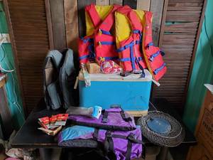 lot 76 image: Outdoor Lot of Life Vests, Fishing Gear Coleman Cooler and more