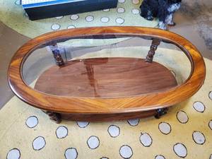 lot 90 image: Awesome wood and Glass Top Coffee Table