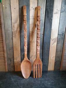 lot 104 image: Large Old School Wooden Fork and Spoon Dcor