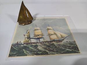 lot 41 image: Small Brass Sailboat Paperweight & Sailboat Print