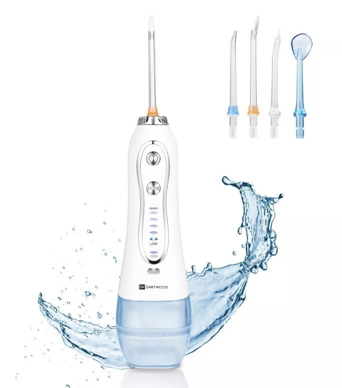 lot 931 image: Dartwood Dental Cordless Oral Irrigator Water Flosser - Teeth Cleaning Kit - with Four Dental Tips and 10 Ounce Tank (White)