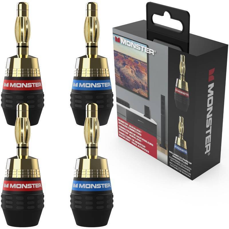 lot 878 image: Monster XP QuickLock Self-Crimping Banana Plugs for Speaker Wire with 24K Gold Contacts - 2 Pair (4 Total), Ideal for Home Theatre & Home Audio Speakers