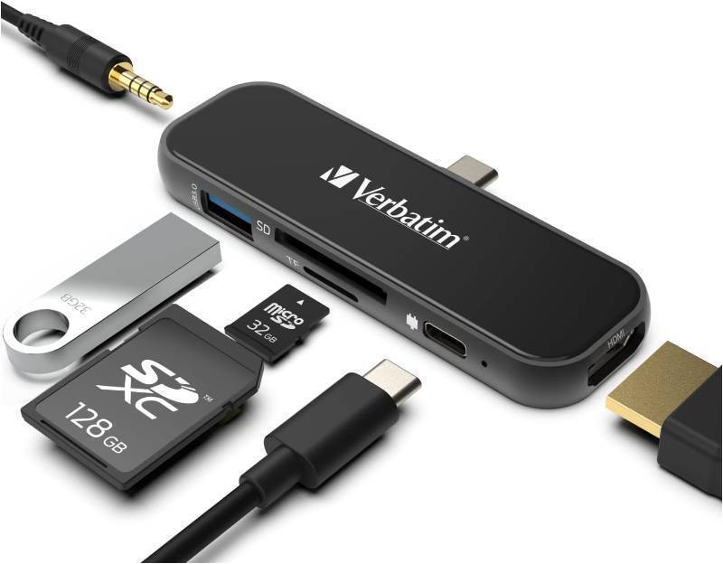 lot 879 image: Verbatim 6-in-1 USB C Hub Adapter - 100W Power Delivery, USB 3.0 Ports, SD Card Readers, 3.5mm Audio Port for USB C Laptops