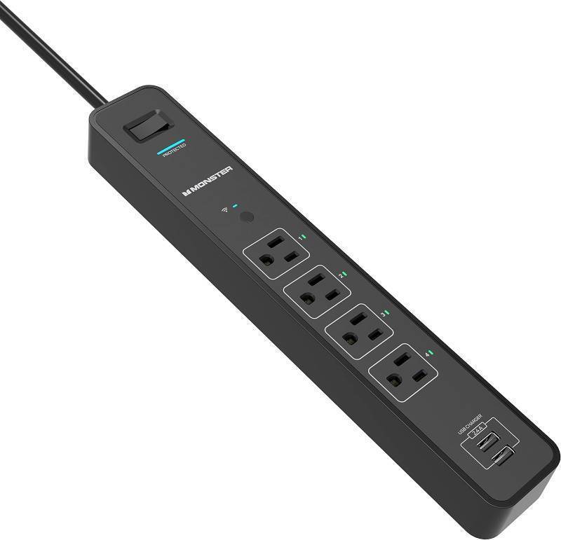 lot 718 image: Monster Smart Power Outlet WiFi Control Alexa Indoor 4 Outlet 2 USB-A Black 6 ft