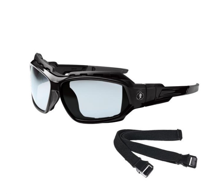 lot 722 image: NEW 2 Pack of Ergodyne Skullerz LOKI Convertible Safety Spoggles w Strap -Black-Silver Mirror