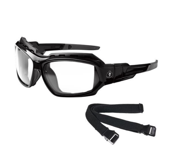 lot 724 image: NEW 2 Pack of Ergodyne Skullerz LOKI Convertible Safety Spoggles w Strap -Black-Clear Lens