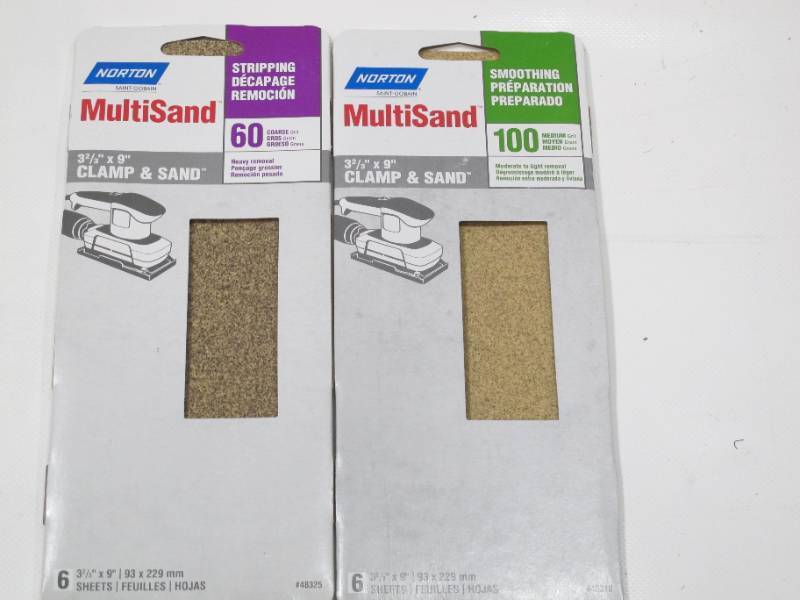 lot 358 image: NEW 4 Packs of Norton MultiSand 9 in. L X 3-23 in. W 60100 Grit Aluminum Oxide Sanding Sheets 6 sheets per pack