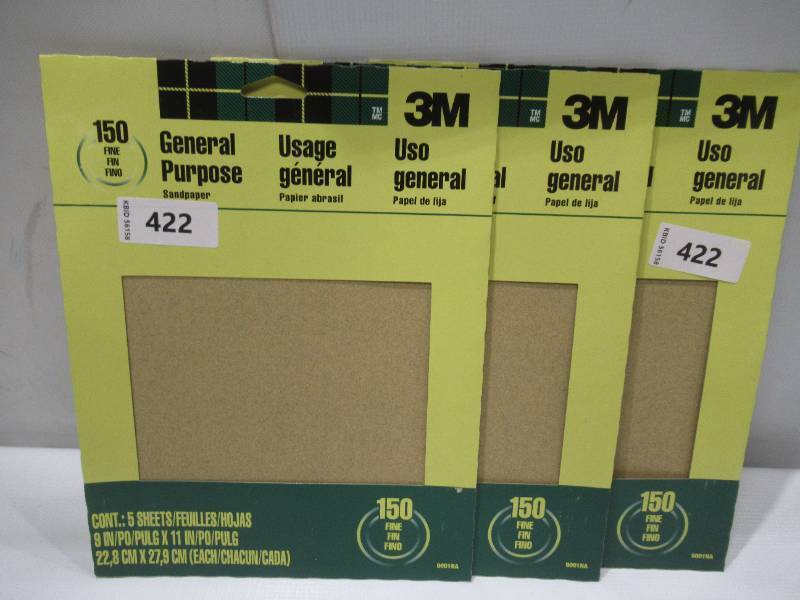 lot 424 image: NEW 3 Packs of 3M 11 in. L x 9 in. W Fine Aluminum Oxide Sandpapers 150 Grit - 5 Sheets per Pack