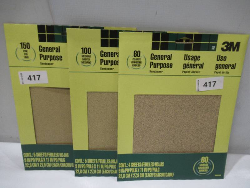 lot 427 image: NEW 3 Packs of 3M 11 in. L x 9 in. W Fine Aluminum Oxide Sandpapers 60100150 Grit
