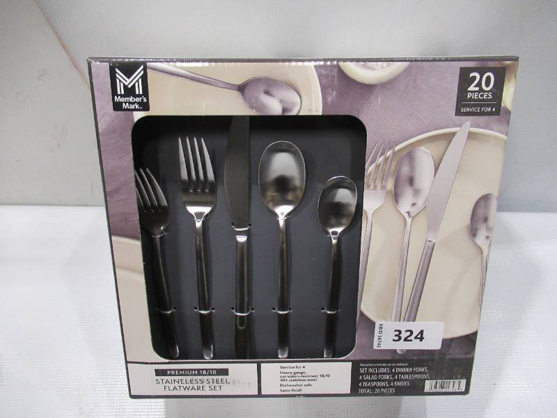 lot 324 image: NEW Members Mark Stainless Steel 20 Piece Flatware Set - Matte Stainless Steel