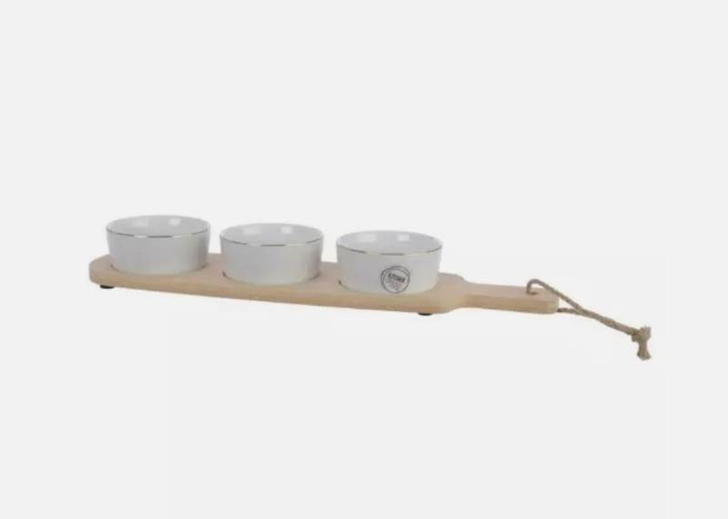 lot 340 image: NEW Decoris Kitchen Goods Tapas Set Serving Tray with 3 Gold Rim Porcelain Bowls