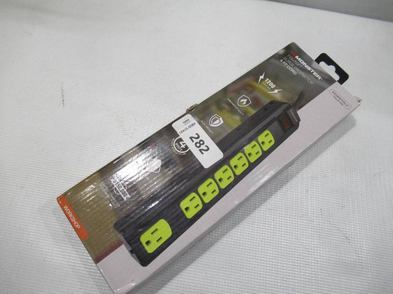 lot 282 image: Monster Workshop Heavy-Duty Garage Power Strip Surge Protector - Mountable 7 Grounded AC Outlets with 4ft Angled Flat Plug - 1200 Joules - ETL Listed