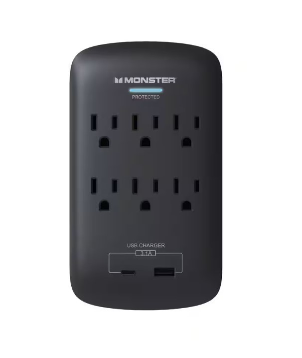 lot 285 image: Monster 6-Outlet Wall Tap Surge Protector 1 USB-C 1 USB-A - Black