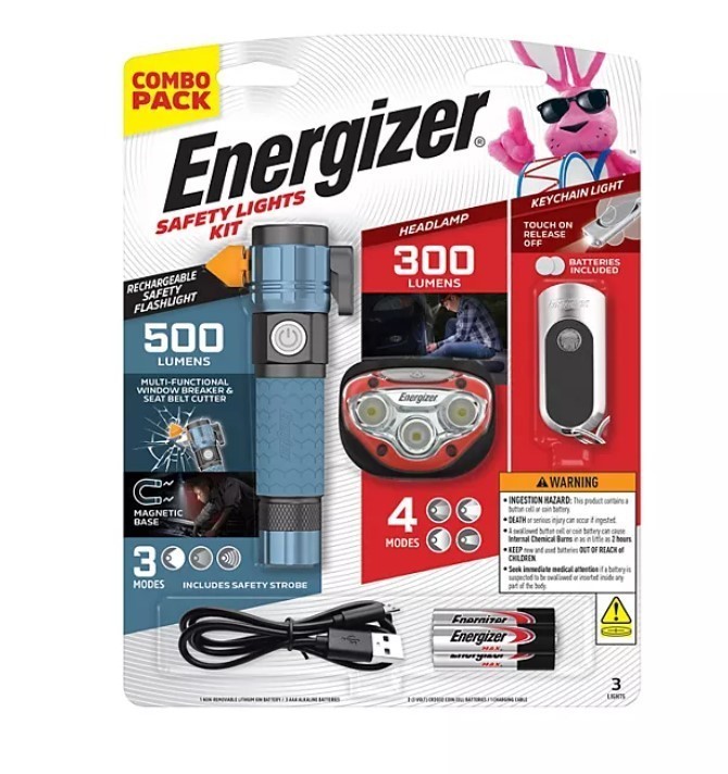 lot 296 image: NEW Energizer 3-Piece Safety Light - Flashlight, Headlamp, and Keychain Light