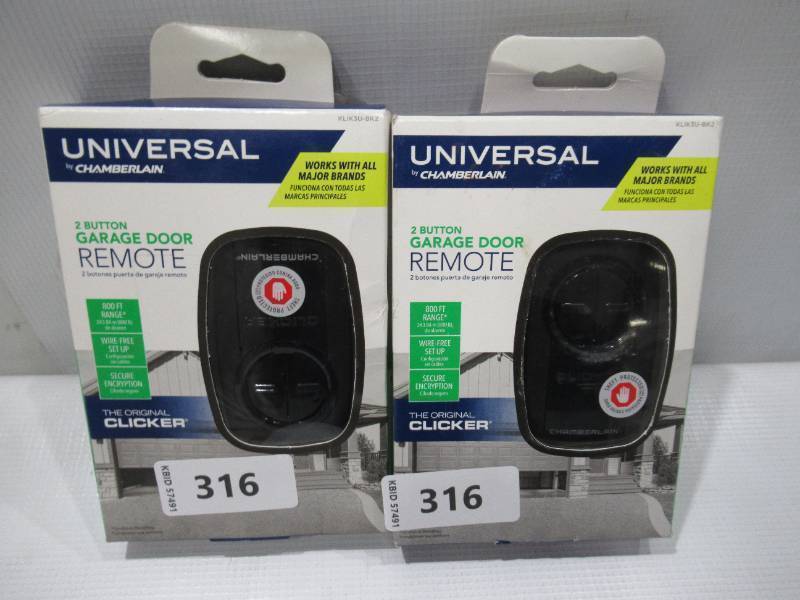 lot 316 image: Pair of Universal by Chamberlain 2 Button Garage Door Remotes - Black