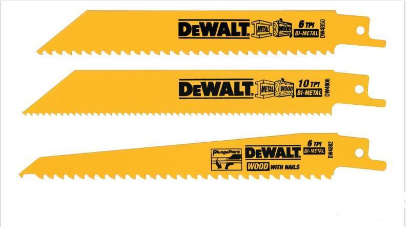 lot 241 image: NEW 2 Packs of DEWALT DW4853 RECIPROCATING BLADE 3PC 6 LONG HIGH PERFORMANCE BI-METAL