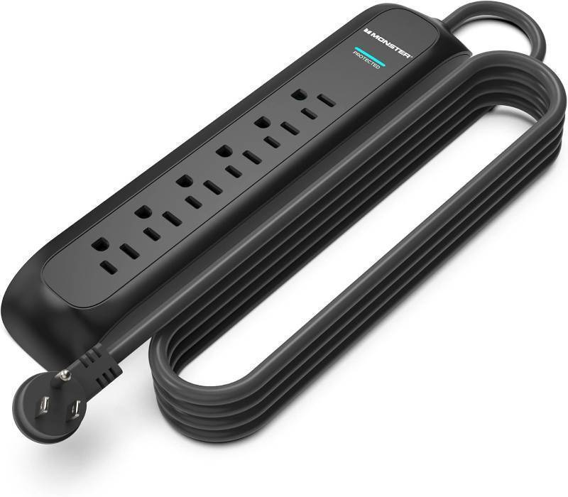 lot 277 image: Monster 15ft Black Power Strip and Tower Surge Protector, Heavy Duty Protection, 300 Joule Rating and 6 120V-Outlets
