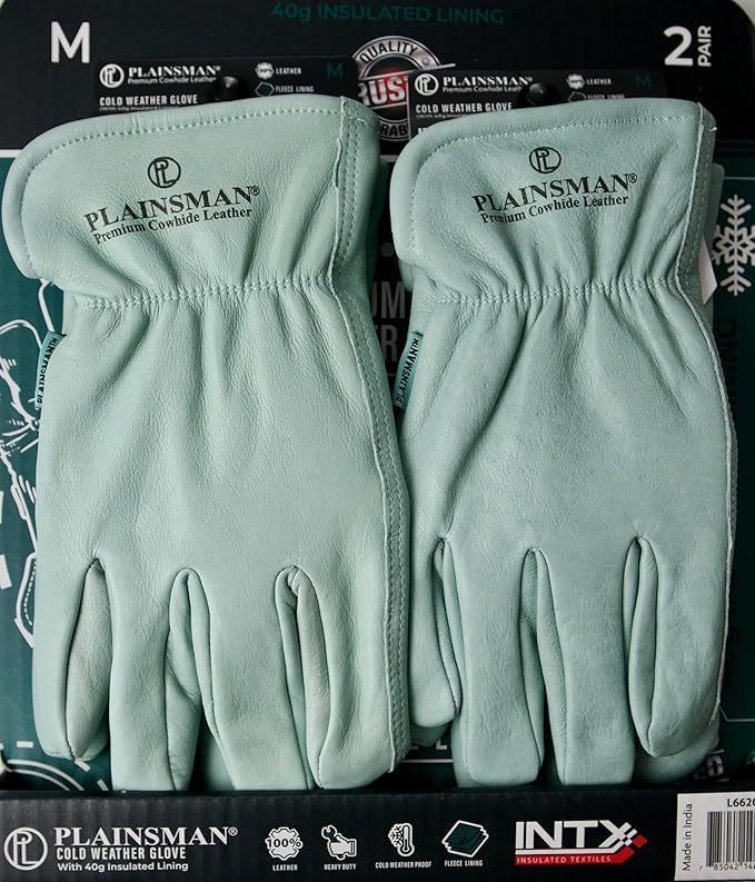 lot 167 image: NEW Plainsman Cold Weather Work Gloves, Fleece Lining, Premium Cowhide Leather, Medium, 2 Pairs