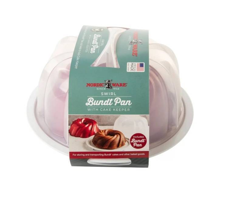 lot 219 image: NEW Nordic Ware 2-Piece Formed Bundt Pan And Bundt Keeper - Red Swirl