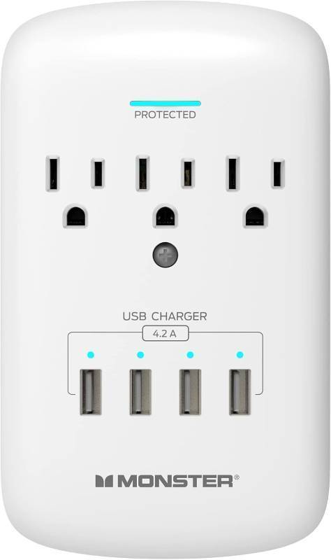 lot 229 image: Monster Wall Tap Plug 3-Outlet 4 USB Ports Extender with Outlet Surge Protector - WHITE
