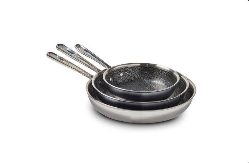 lot 236 image: NEW T-Fal Hybrid Mesh 5-Piece Tri-Ply Stainless Steel Fry Pan Set - 8.5, 11, and 12.5