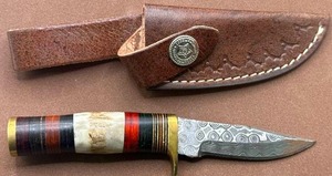 Custom Made Antler Handle Damascus Knife with Leather Sheath