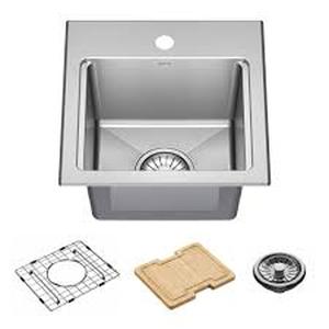 lot 5 image: Delta Emery 15 in. Drop-InUndermount Single Bowl 18 Gauge Stainless Steel Kitchen Workstation Sink with Accessories   Customer Returns See Pictures