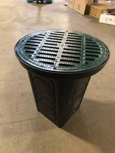 lot 3 image: 12 in. x 16 in. Black Plastic Drainage 6-Hole Catch Basin with Round Grate  Customer Returns See Pictures